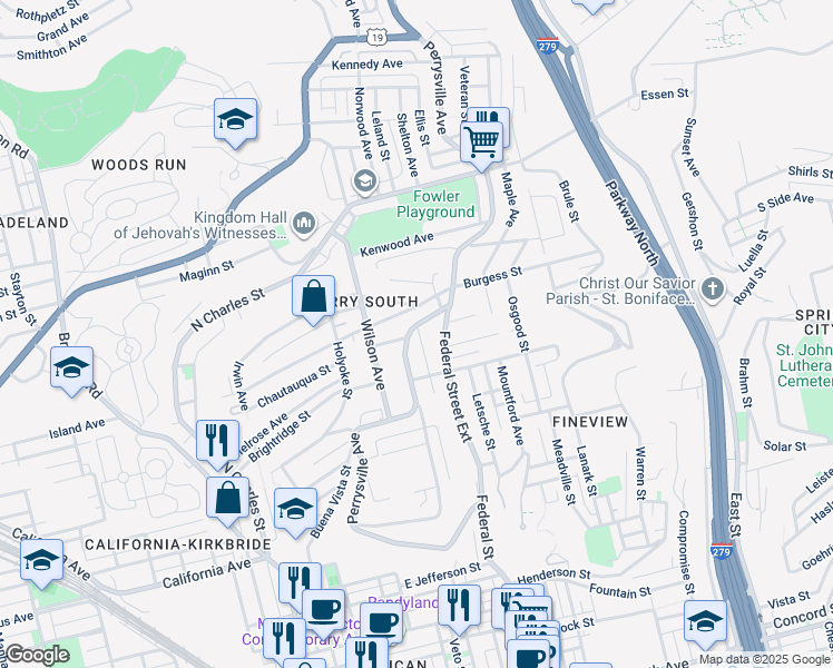 map of restaurants, bars, coffee shops, grocery stores, and more near 2216 Perrysville Avenue in Pittsburgh