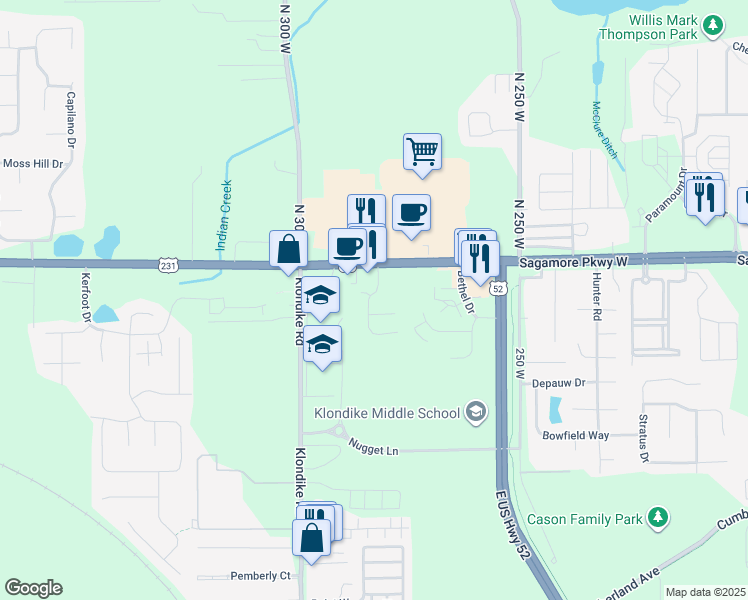 map of restaurants, bars, coffee shops, grocery stores, and more near 3348 Wyndham Way in West Lafayette