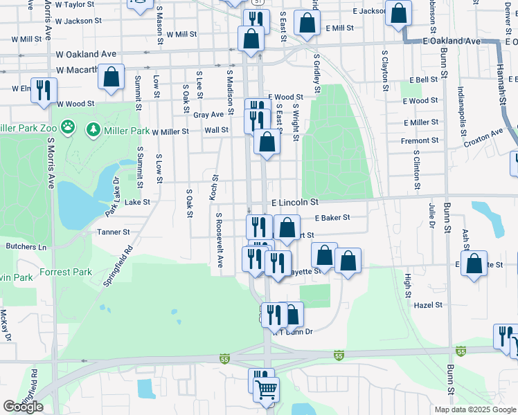 map of restaurants, bars, coffee shops, grocery stores, and more near 1409 South Main Street in Bloomington