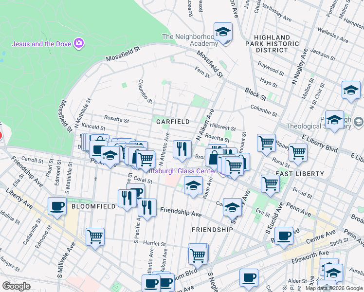map of restaurants, bars, coffee shops, grocery stores, and more near 5349 Waterford Street in Pittsburgh