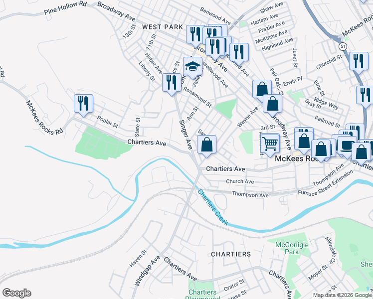 map of restaurants, bars, coffee shops, grocery stores, and more near 3 Creek Road in McKees Rocks