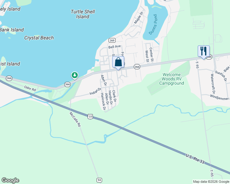 map of restaurants, bars, coffee shops, grocery stores, and more near 8119 Midway Drive in Russells Point