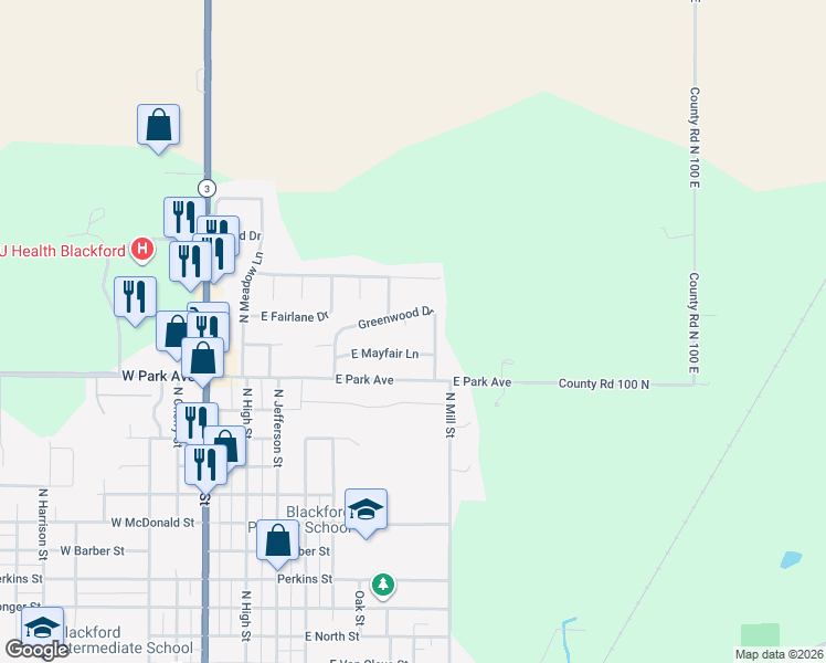map of restaurants, bars, coffee shops, grocery stores, and more near 508 East Mayfair Lane in Hartford City