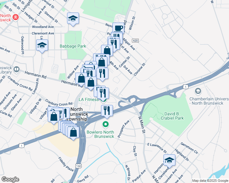 map of restaurants, bars, coffee shops, grocery stores, and more near 528 County Road 606 in North Brunswick Township