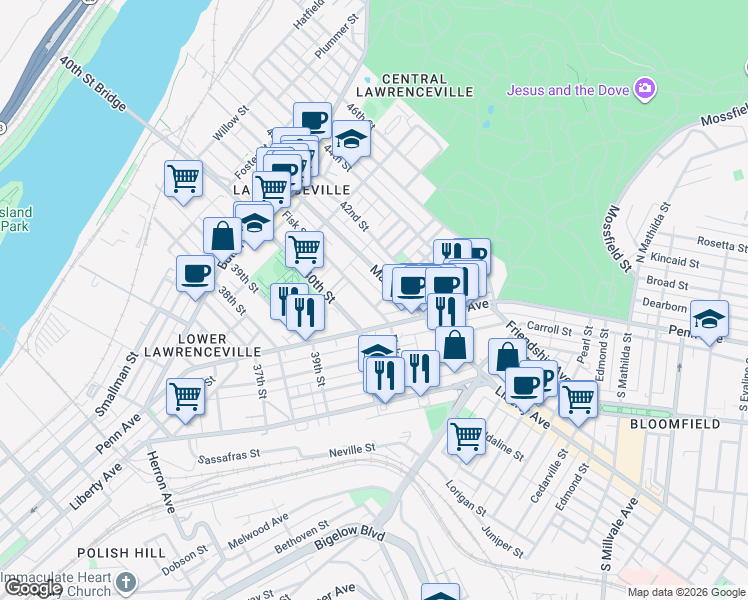map of restaurants, bars, coffee shops, grocery stores, and more near in Pittsburgh