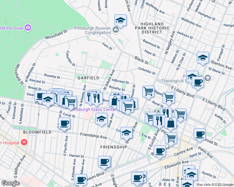 map of restaurants, bars, coffee shops, grocery stores, and more near 5463 Broad Street in Pittsburgh