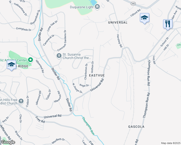 map of restaurants, bars, coffee shops, grocery stores, and more near 190 Anthon Drive in Pittsburgh