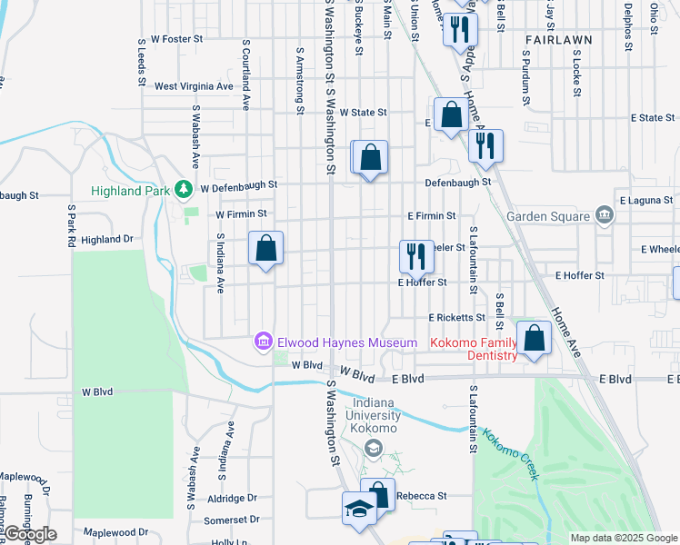 map of restaurants, bars, coffee shops, grocery stores, and more near 1724 South Washington Street in Kokomo