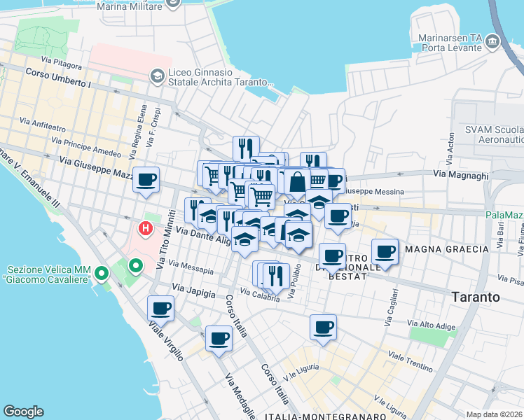 map of restaurants, bars, coffee shops, grocery stores, and more near 4 Via Aristosseno in Taranto