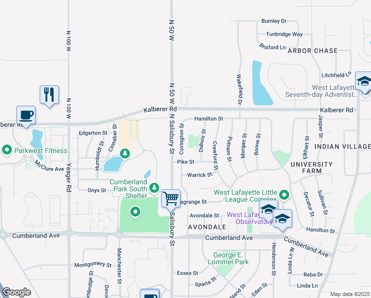 map of restaurants, bars, coffee shops, grocery stores, and more near 3400 Covington Street in West Lafayette