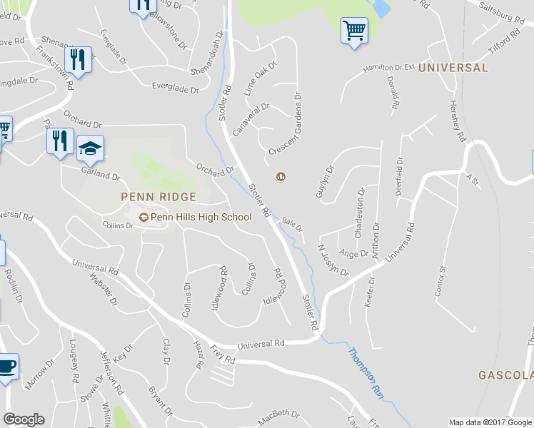 map of restaurants, bars, coffee shops, grocery stores, and more near 98 Stotler Road in Penn Hills