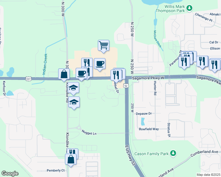 map of restaurants, bars, coffee shops, grocery stores, and more near 3506 Bethel Drive in West Lafayette