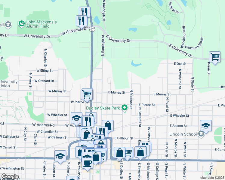 map of restaurants, bars, coffee shops, grocery stores, and more near 701 North Campbell Street in Macomb