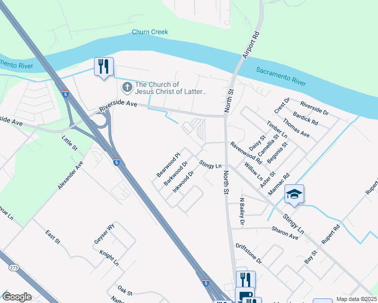 map of restaurants, bars, coffee shops, grocery stores, and more near 3622 Stingy Lane in Anderson