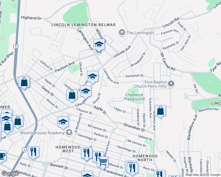 map of restaurants, bars, coffee shops, grocery stores, and more near 7170 Lemington Avenue in Pittsburgh