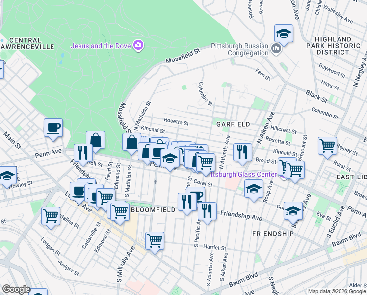 map of restaurants, bars, coffee shops, grocery stores, and more near 329 North Winebiddle Street in Pittsburgh