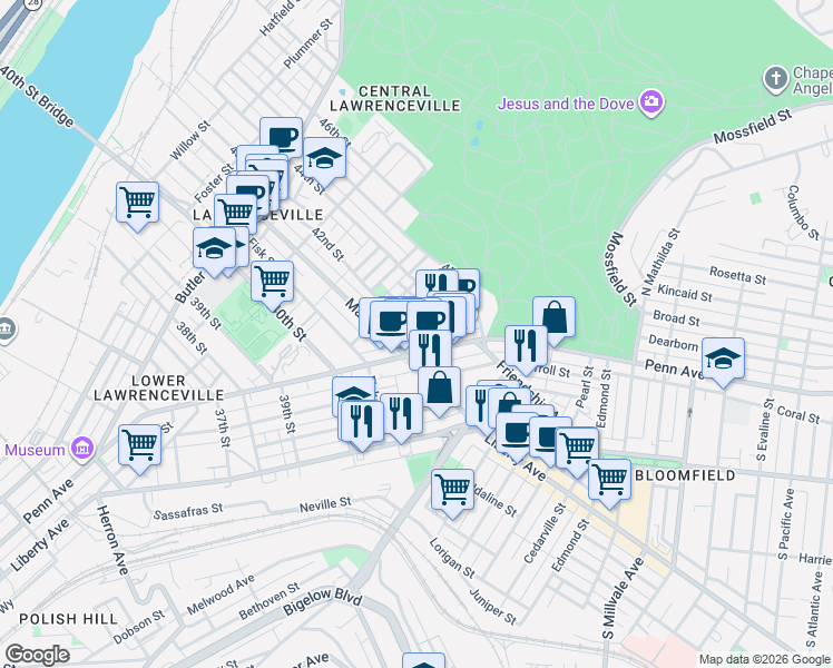 map of restaurants, bars, coffee shops, grocery stores, and more near 4227 Keller Street in Pittsburgh