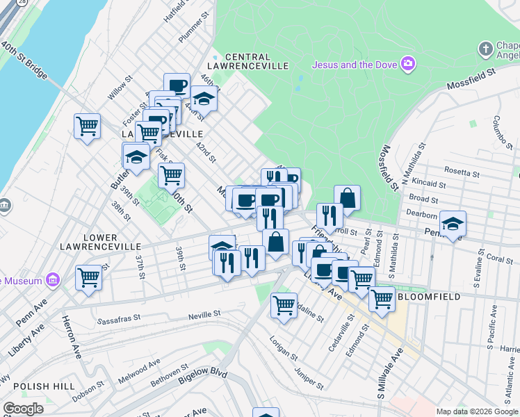 map of restaurants, bars, coffee shops, grocery stores, and more near 4227 Keller Street in Pittsburgh