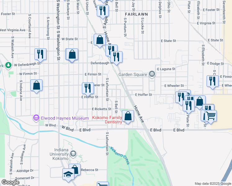 map of restaurants, bars, coffee shops, grocery stores, and more near 503 East Wheeler Street in Kokomo
