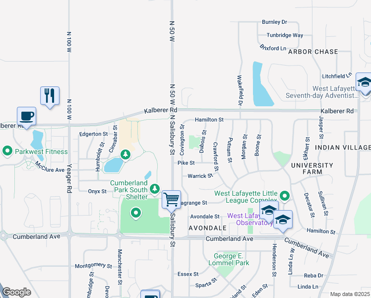 map of restaurants, bars, coffee shops, grocery stores, and more near 3400 Covington Street in West Lafayette