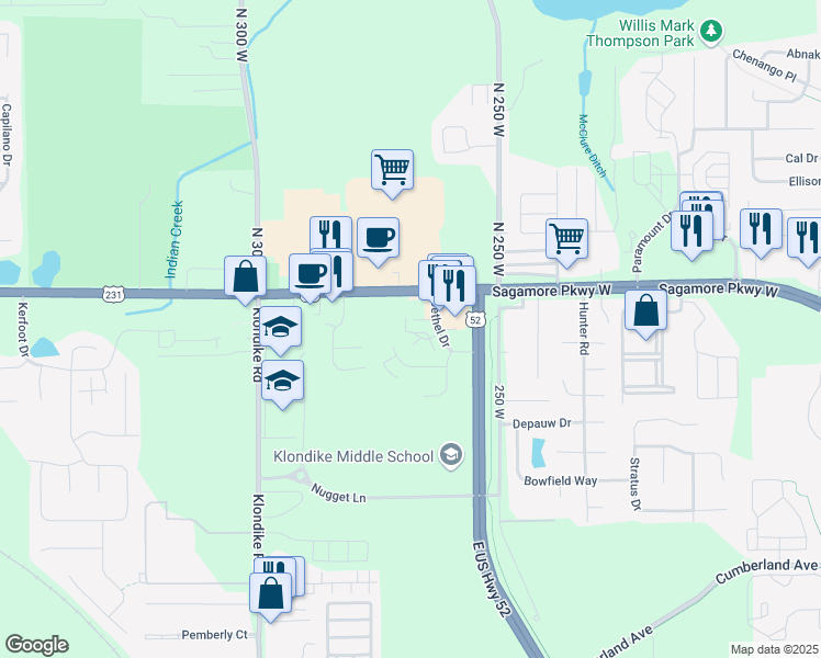 map of restaurants, bars, coffee shops, grocery stores, and more near 3464 Bethel Drive in West Lafayette