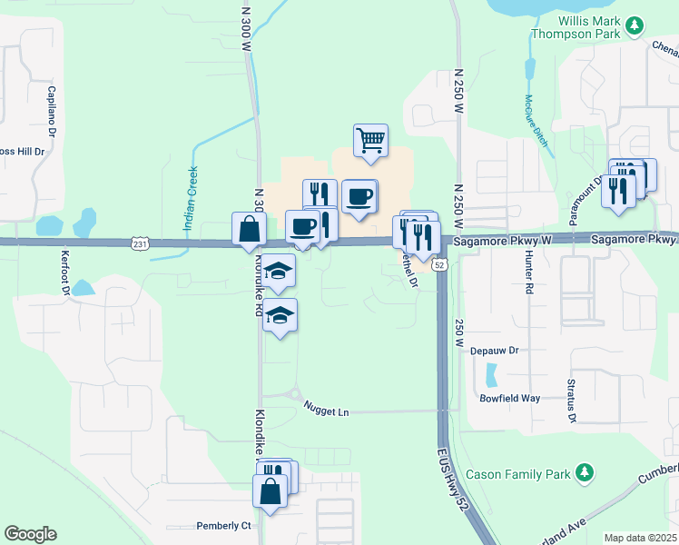 map of restaurants, bars, coffee shops, grocery stores, and more near 3451 Wyndham Way in West Lafayette