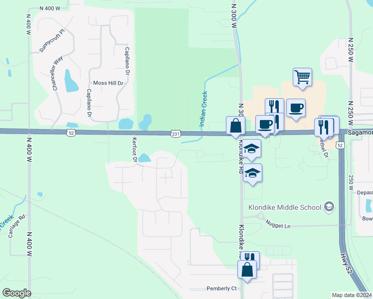 map of restaurants, bars, coffee shops, grocery stores, and more near 3221 U.S. 52 in West Lafayette