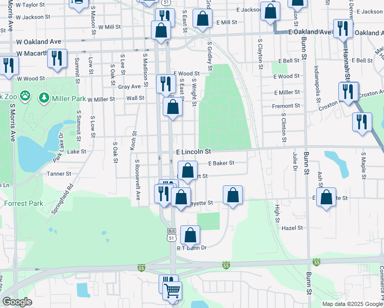 map of restaurants, bars, coffee shops, grocery stores, and more near 1206 South East Street in Bloomington