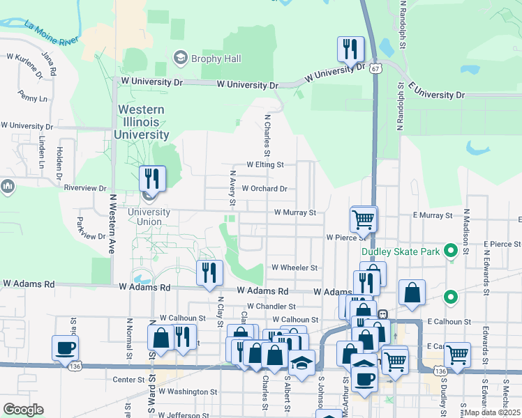 map of restaurants, bars, coffee shops, grocery stores, and more near 733 North Charles Street in Macomb