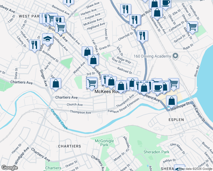 map of restaurants, bars, coffee shops, grocery stores, and more near 212 Bruce Street in McKees Rocks