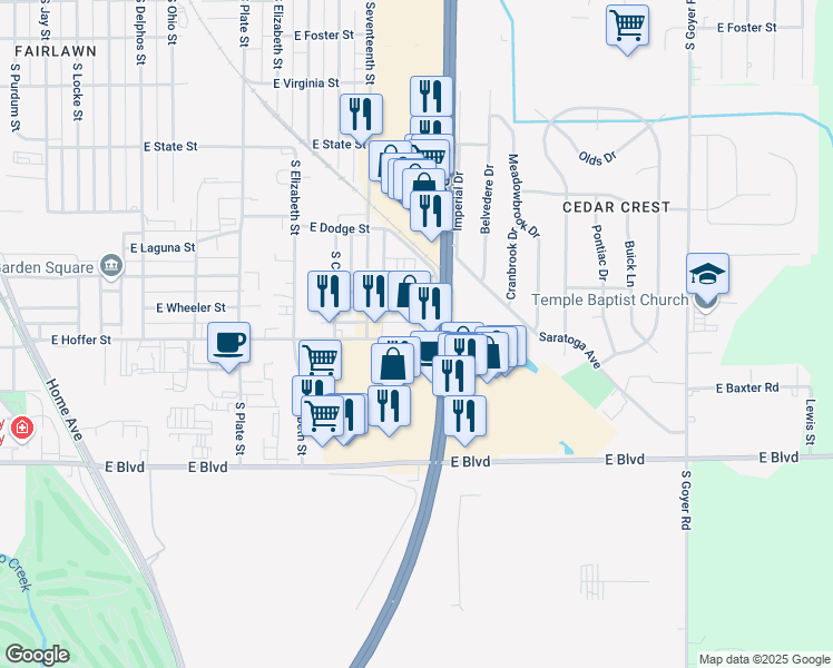 map of restaurants, bars, coffee shops, grocery stores, and more near 1820 East Hoffer Street in Kokomo
