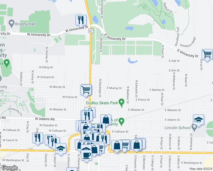 map of restaurants, bars, coffee shops, grocery stores, and more near 700 North Campbell Street in Macomb