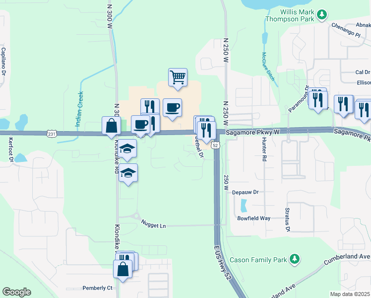 map of restaurants, bars, coffee shops, grocery stores, and more near 3464 Bethel Drive in West Lafayette
