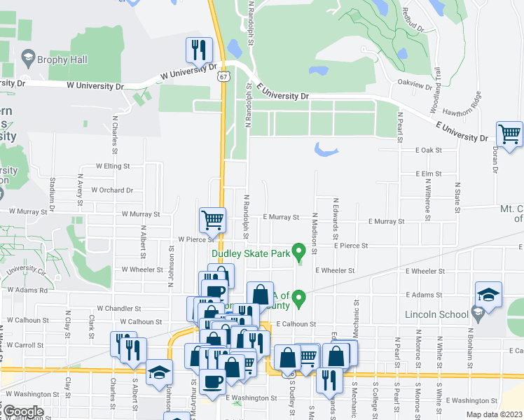 map of restaurants, bars, coffee shops, grocery stores, and more near 702 North Campbell Street in Macomb