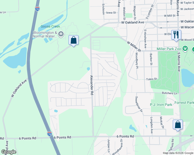 map of restaurants, bars, coffee shops, grocery stores, and more near 644-682 Alexander Road in Bloomington