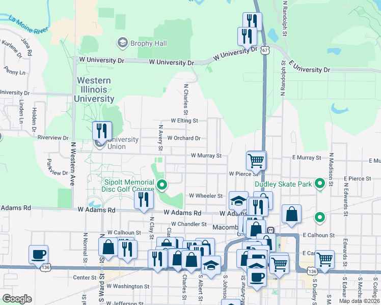 map of restaurants, bars, coffee shops, grocery stores, and more near 434 West Murray Street in Macomb