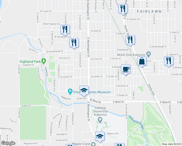 map of restaurants, bars, coffee shops, grocery stores, and more near 1714 South Washington Street in Kokomo