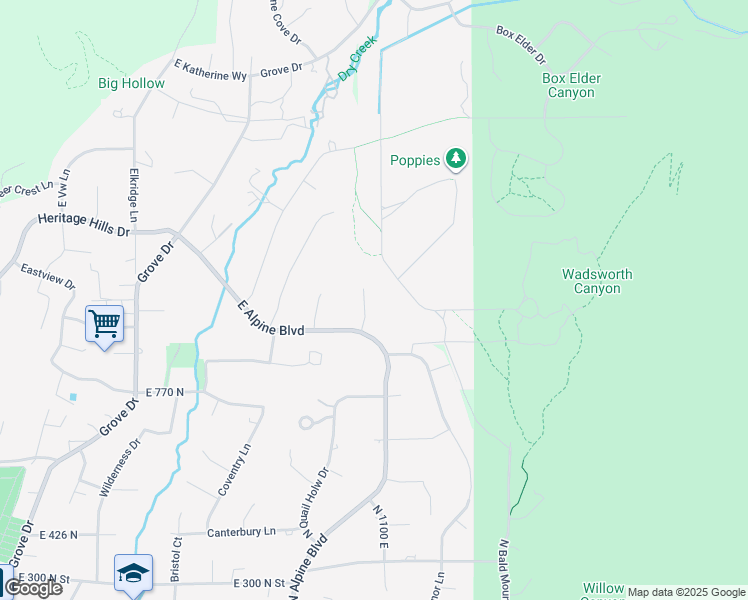 map of restaurants, bars, coffee shops, grocery stores, and more near 986 North Sunbrook Circle in Alpine