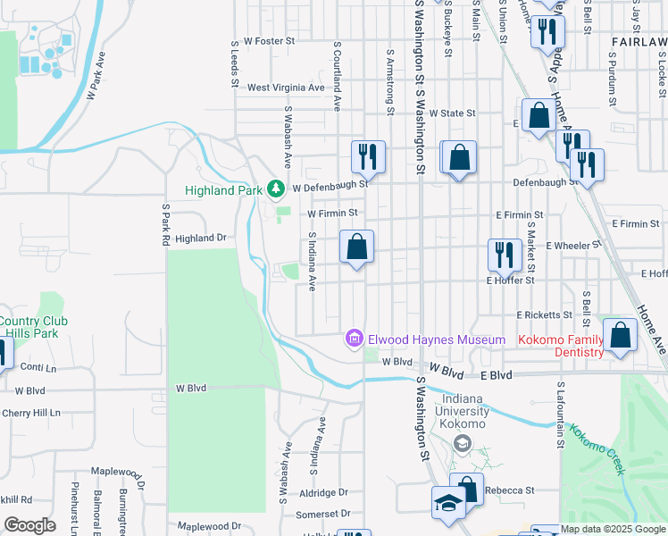 map of restaurants, bars, coffee shops, grocery stores, and more near 1708 South Courtland Avenue in Kokomo