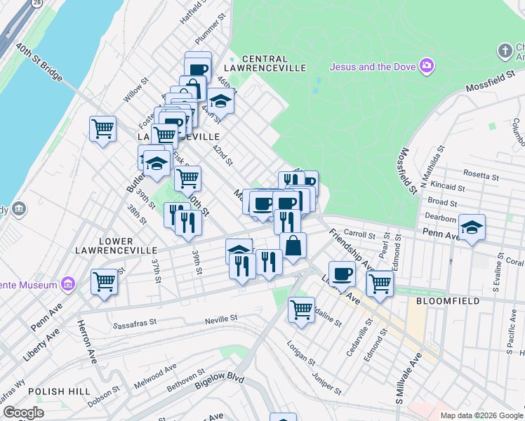 map of restaurants, bars, coffee shops, grocery stores, and more near 426 42nd Street in Pittsburgh
