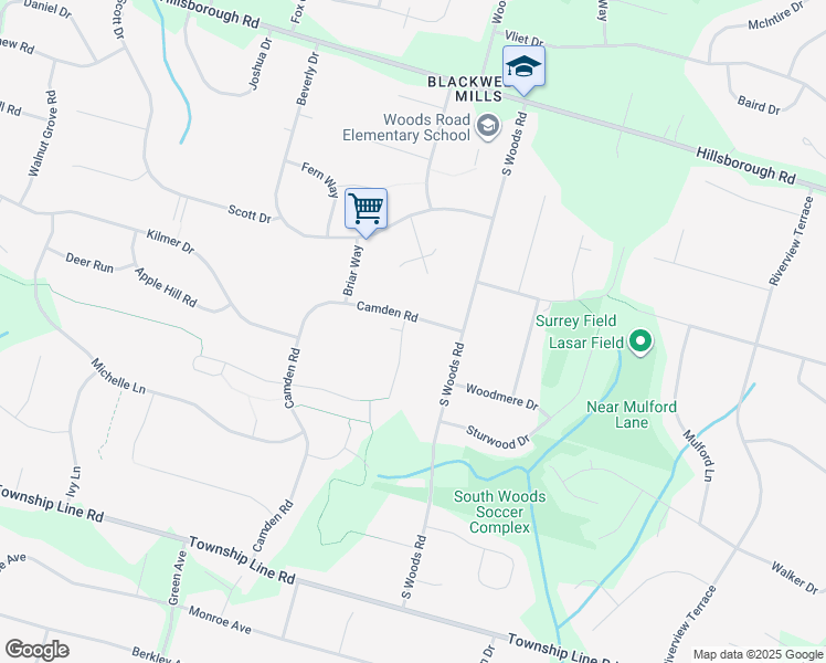 map of restaurants, bars, coffee shops, grocery stores, and more near 8 Camden Road in Hillsborough Township
