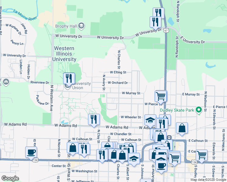 map of restaurants, bars, coffee shops, grocery stores, and more near 518 West Murray Street in Macomb