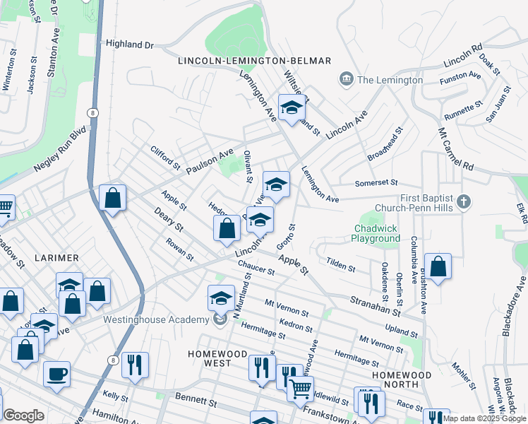 map of restaurants, bars, coffee shops, grocery stores, and more near 1327 Lincoln Avenue in Pittsburgh