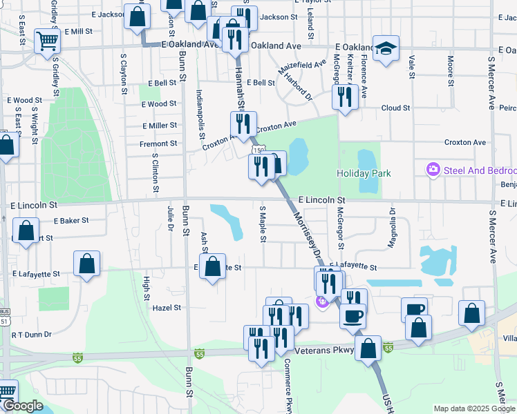 map of restaurants, bars, coffee shops, grocery stores, and more near 1006 E Lincoln St in Bloomington