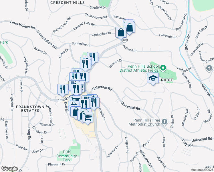 map of restaurants, bars, coffee shops, grocery stores, and more near 167 Universal Road in Pittsburgh
