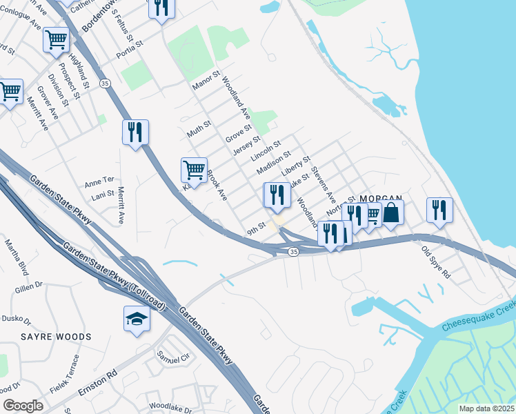 map of restaurants, bars, coffee shops, grocery stores, and more near 360 South Pine Avenue in South Amboy