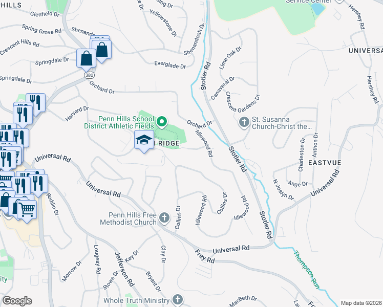 map of restaurants, bars, coffee shops, grocery stores, and more near 20 Valmartin Drive in Penn Hills
