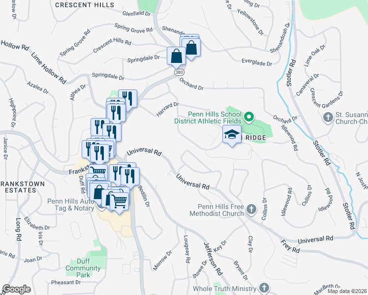map of restaurants, bars, coffee shops, grocery stores, and more near 444 Parkridge Drive in Pittsburgh