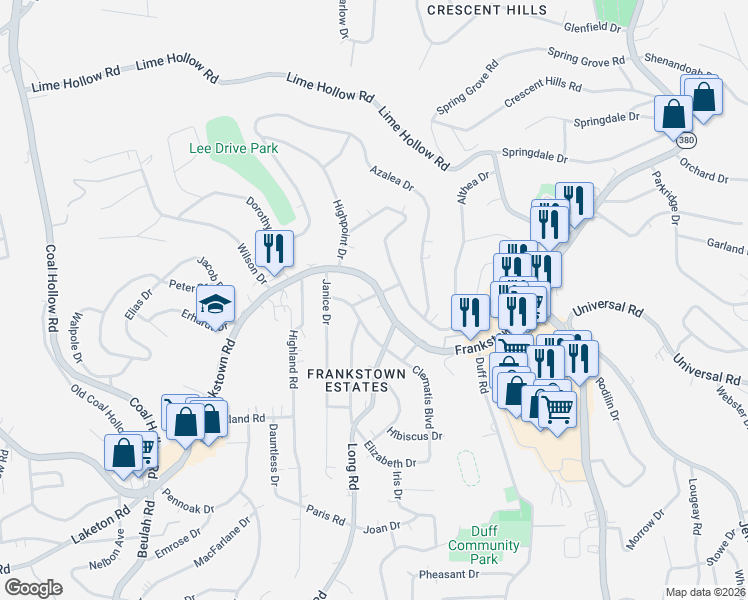 map of restaurants, bars, coffee shops, grocery stores, and more near 11319 Pennsylvania 380 in Penn Hills