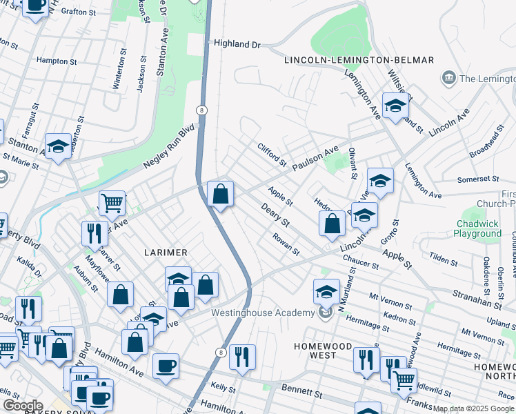 map of restaurants, bars, coffee shops, grocery stores, and more near 6517 Deary Street in Pittsburgh
